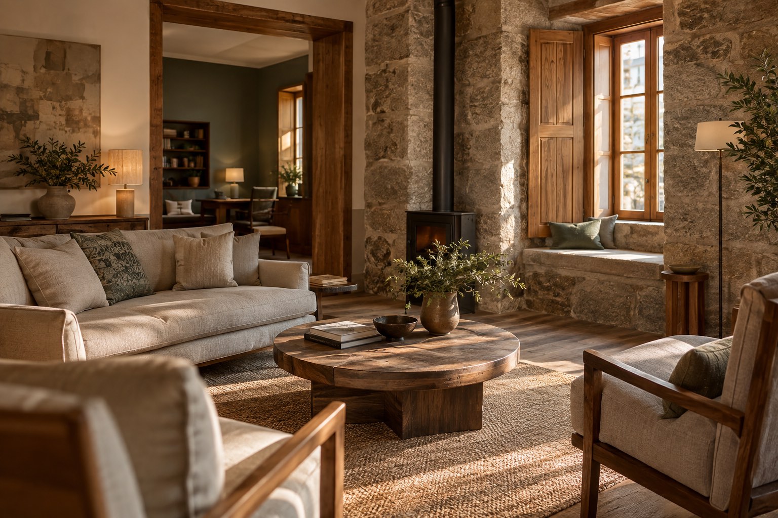 Illustrative mood image of a warm guesthouse lounge with stone walls